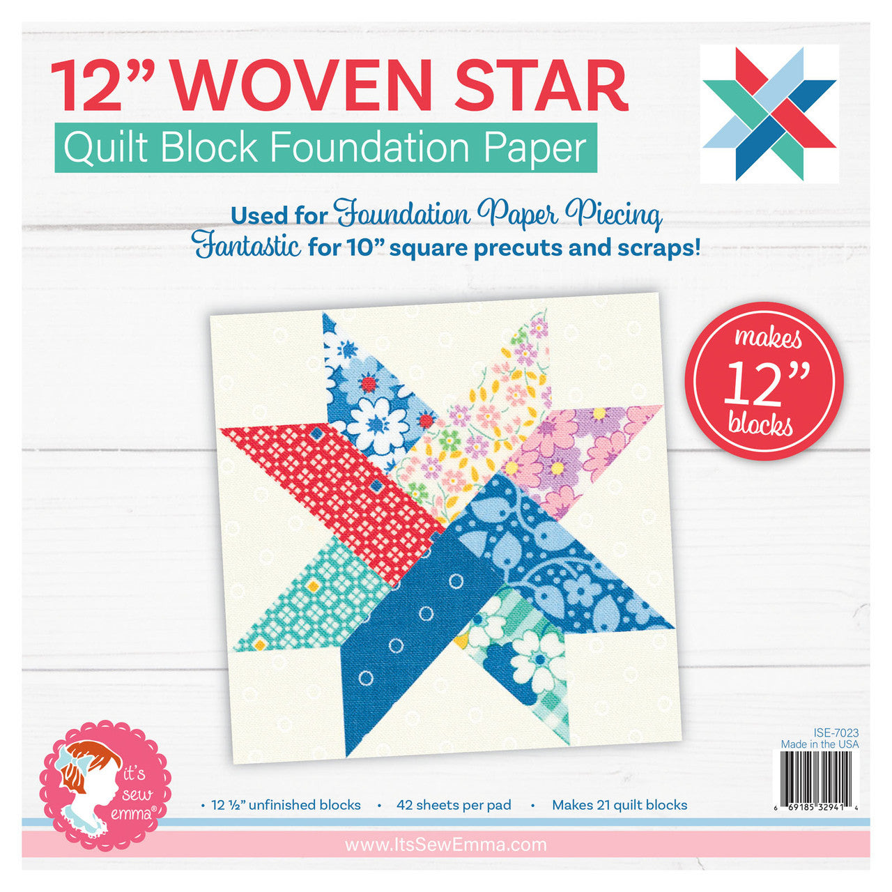 12" Woven Star Quilt Block Foundation Paper