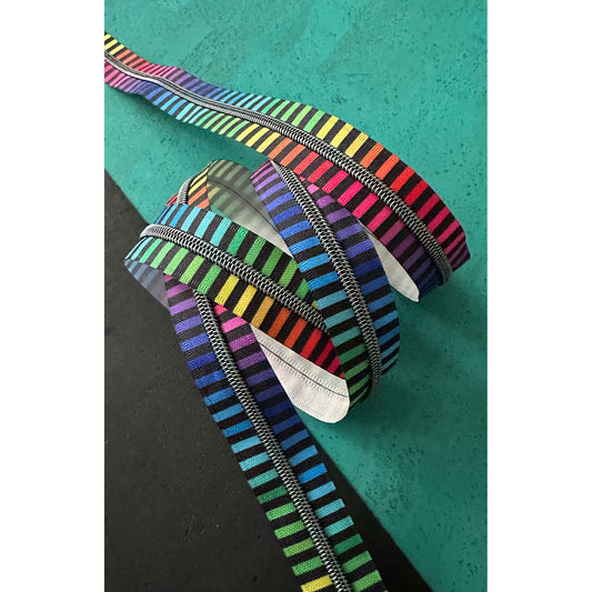 Wide Rainbow Stripe Zipper Tape with Iridescent teeth