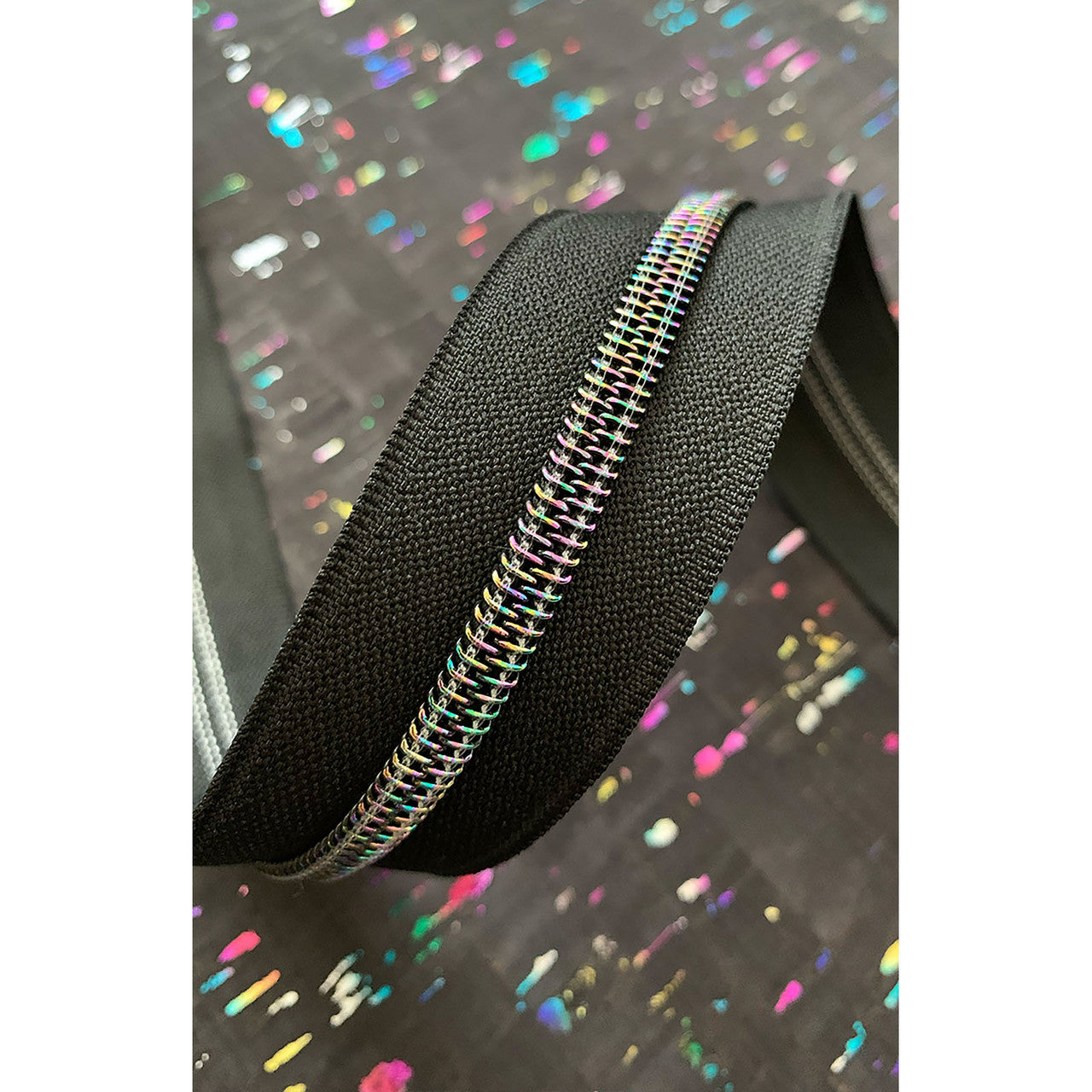 Black Zipper Tape with Iridescent Teeth